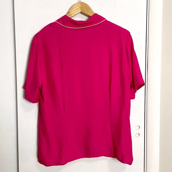 Vintage 80s Fuchsia Blouse by Suburbans – Pearl Cluster Buttons, Beaded Trim - Picture 6 of 8